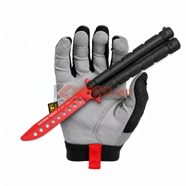 Briceag Butterfly Balisong antrenament K25 01RU017 ținut în mănușă, watermark KPRO.ro
